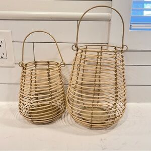 Set of Two Cane Weave Natural Woven Hanging Lantern Set
